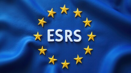 EU ESRS Emblem: Blue Flag with Twelve Yellow Stars Signifying Sustainable Unity, Omnibus Regulations 
