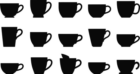  Set of Coffee and Tea Cup Silhouettes, a Vector Collection of Various Drink Mugs for Cafe and Beverage Themed Graphic Designs.