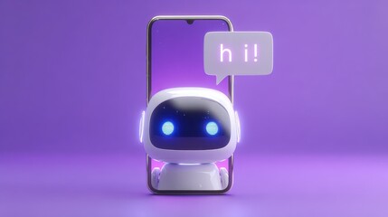 a friendly chatbot with glowing blue eyes and a hi speech bubble emerging from a smartphone screen against a purple background