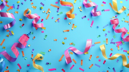 Vibrant celebration background with colorful confetti and ribbon swirls creating joyful atmosphere