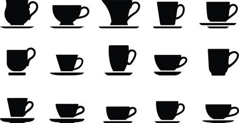 Coffee and Tea Cup Silhouettes, a Vector Collection of Various Drink Mugs and Cups for Cafe and Beverage Themed Graphic Designs.