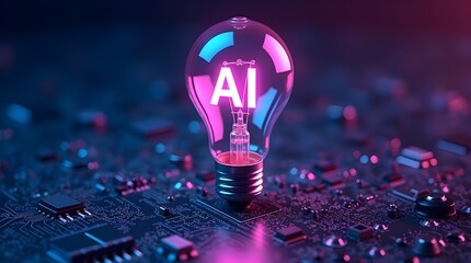 Artificial Intelligence Concept with Glowing Light Bulb on Circuit Board