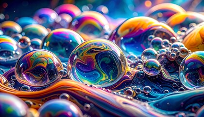 Multicolored, iridescent bubbles with swirling patterns rest on a rippling, textured surface