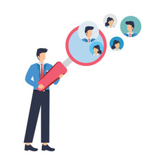 Businessman focus with magnifying glass on customer, user, or people employee evaluation, rating or survey concept, businessman get feedback from colleagues. stock illustration