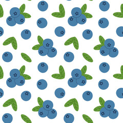 Blueberry seamless pattern. Botanical print. Blue berries with leaves on a white background. Vector illustration.