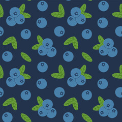 Blueberry seamless pattern. Blue berries with leaves on a dark background. Hand draw design for wrapping paper, wallpaper, fabric, textile and etc. Vector illustration.