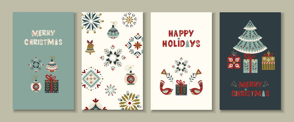 Vector set of Christmas greeting cards in Nordic folk style Festive illustrations with gifts, birds, snowflakes in Scandinavian colors for holiday design, cozy winter decor and seasonal projects © Катерина Фирсова