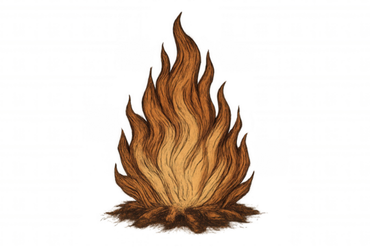 Colorful hand-drawn bonfire illustration with flickering flames rising, transparent backdrop enabling creative design applications