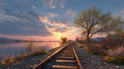 Obraz premium sunset view of the railway tracks leading to a lake in springtime with a beautiful sky