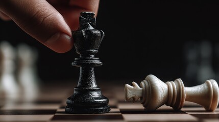 a hand picking up a black king chess piece from the board next to a fallen white king symbolizing power victory leadership and strategic dominance in business or life