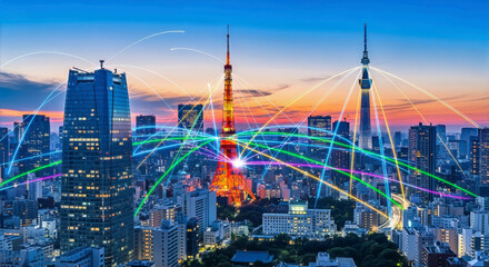 Cityscape view featuring tokyo tower and skytree with network lines at dusk creating a vibrant scene