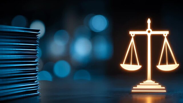 Glowing justice scale legal document law balance court litigation contract ethics attorney office symbol dark background concept compliance advisory