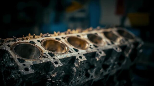 Medium shot of a used inline engine block with sharp focus on cylinders blurred workshop background highlighting mechanical details and wear.