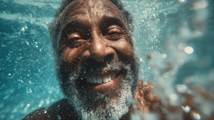 Fototapeta premium joyful senior black man swims in clear water with a radiant smile