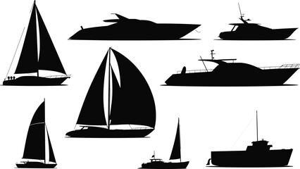 Various Sailboat and Yacht Silhouettes Collection, a Detailed Set of Black Marine Vessels for Water, Sea and Travel Themed Designs.