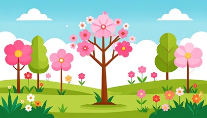 Springtime landscape with flowering trees