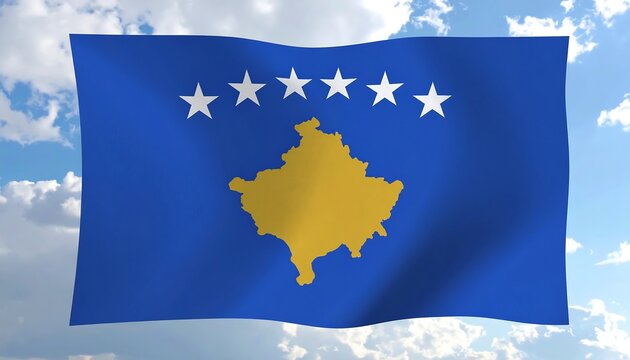 Kosovo flag waving blue field, gold map, six white stars, against a sky with cumulus clouds - Powered by Adobe