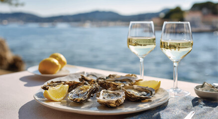 Luxury seafood dining experience featuring fresh oysters white wine and scenic ocean view in sunny mediterranean climate