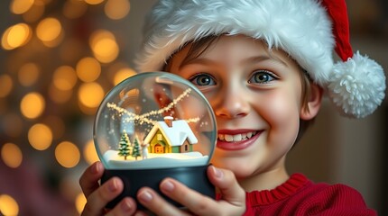 A smiling child in santa hat holding a snow globe with a house and christmas trees inside of it