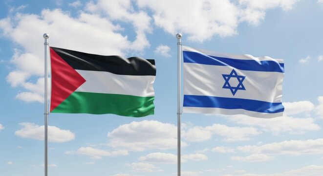 The flags of palestine and israel are displayed on poles against a backdrop of a clear blue sky with fluffy white clouds, symbolizing geopolitical context - Powered by Adobe