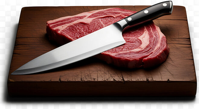 Sharp chef knife resting on raw ribeye steak on wooden cutting board