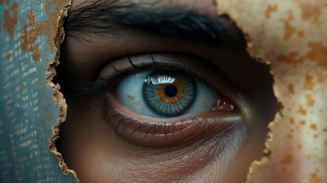 Cinematic close-up of a human eye with binary code and aged archive textures reflected in the iris, contrasting cool digital tones with warm paper hues

