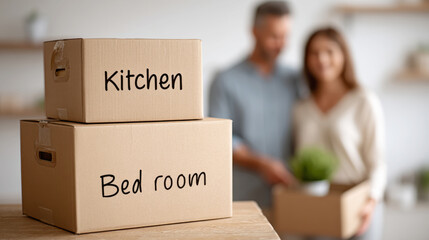 Moving day organization: stacked labeled boxes for kitchen and bedroom