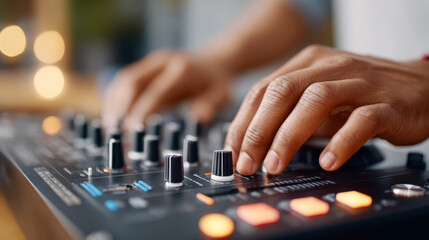 Close up of hands adjusting dj mixer at school disco for party and event music concept