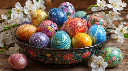 Fototapeta premium colorful easter eggs sit in a decorative bowl surrounded by spring blossoms the eggs display vibrant swirled patterns