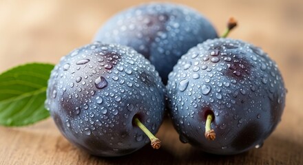 Fresh Plums on Wooden Surface.
