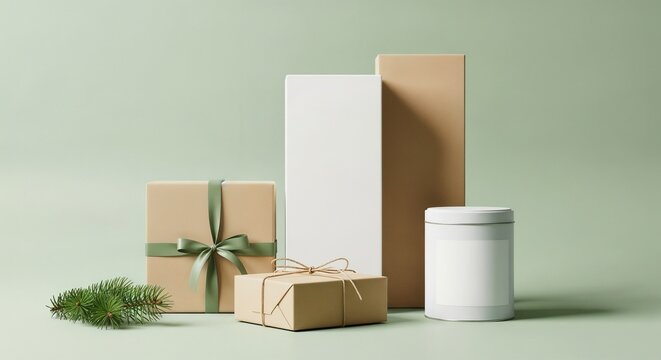 A minimalist product display of gift-wrapped boxes in neutral tones with simple ribbons, a white canister, and a sprig of pine on a sage green background.