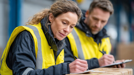 Customs inspection zone: female officer scans packages with qr code for security
