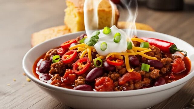 Bowl of chili topped with sour cream cheese chili slices and scallions next to cornbread with steam