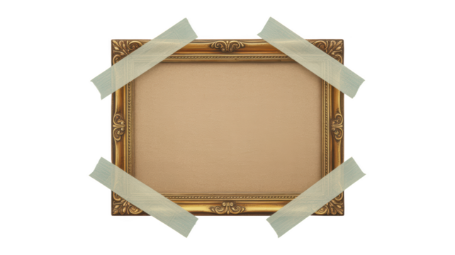 Ornate gold frame with masking tape and beige interior illustration isolated on transparent background