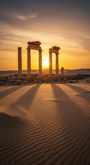 Fototapeta premium Sunset's Embrace: Ancient Pillars & Shifting Sands