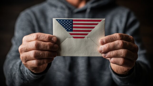man holding mailin ballot envelope with american flag