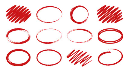 Red grunge circle and scribble shapes hand drawn brush strokes illustration isolated on transparent background