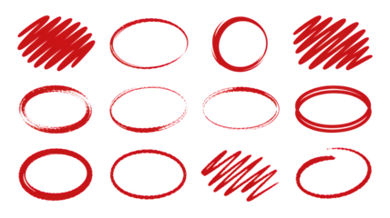 Red grunge circle and scribble shapes hand drawn brush strokes illustration isolated on transparent background