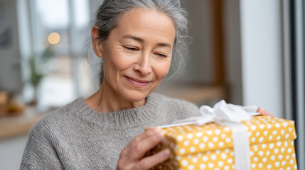 Elderly asian female smiling at polka dot gift indoors
