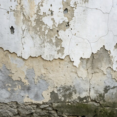 Close up abstract texture of a weathered and decaying old plaster wall with peeling paint and visible layers of history and decay