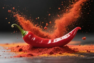 Canvas schilderij Hete pepers A striking image shows a vibrant chili pepper surrounded by colorful spice powder bursting in motion  © Dima Anikin