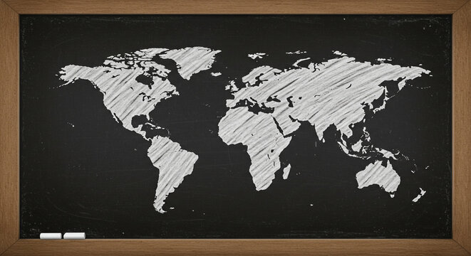 Global map sketched on chalkboard inspires educational insights and international business opportunities for learning - Powered by Adobe
