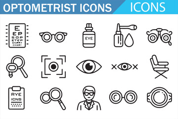 Ophthalmology icons pack with eye test chart, glasses, magnifier, and drops vector