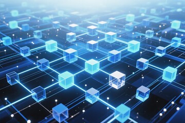 A detailed futuristic illustration of interconnected blocks symbolizing network and blockchain technology advancements