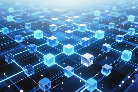 A detailed futuristic illustration of interconnected blocks symbolizing network and blockchain technology advancements