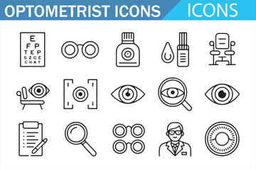 Optometrist icons set illustration with eye test chart, glasses, eye drops, examination tools, magnifier, contact lenses, and doctor symbol, black vector line art collection for vision care and medica