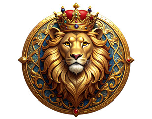 Stylized Heraldic Lion with Jeweled Crown, Ornamental Golden Flourishes, Grand Decorative Theme, Isolated