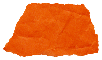 Abstract scrap of bright orange crumpled paper, isolated element to create autumn festive collage