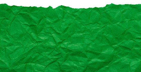 Ripped edge of rich green crumpled paper, isolated textured scrap for collage in bright colors