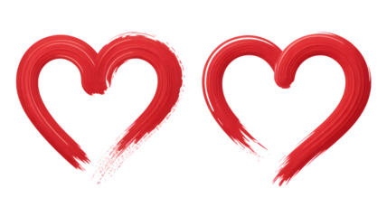 Two abstract red heart brush strokes love romance valentines day illustration isolated on transparent background
